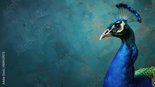 Vibrant blue peacock with raised plume against textured teal background
