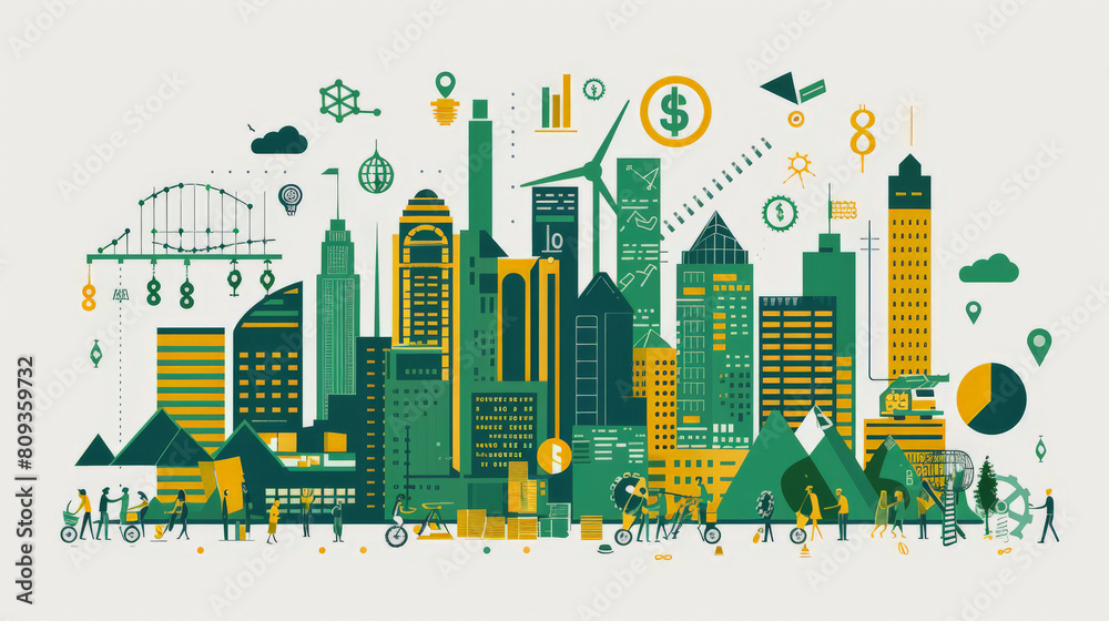 BCG Economy : Graphic illustration of a stylized cityscape with various buildings, people, and symbols representing business, technology, finance, and urban life, in a monochromatic green palette.