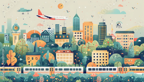 Illustration of a colorful cityscape with diverse buildings, a train in the foreground, airplanes overhead, and a backdrop of greenery and hills.