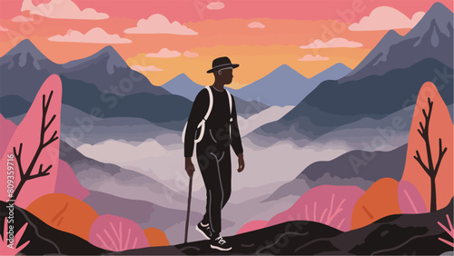 Nature Lover - Lone Adventurer Enjoying Solitude Amidst Journey Through the Forest. Vector Illustration. EPS 10.