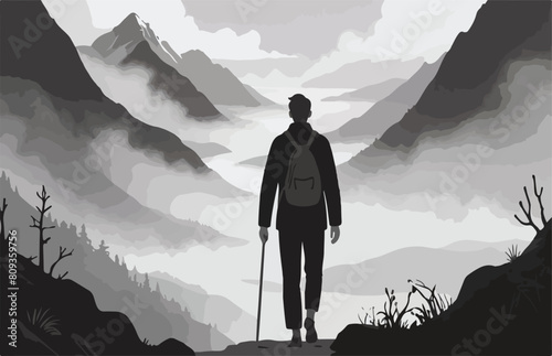 Nature Lover - Lone Adventurer Enjoying Solitude Amidst Journey Through the Forest. Vector Illustration. EPS 10.