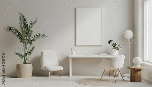 Create a white frame mockup in a serene, minimalist office setting, clean lines and simple decor