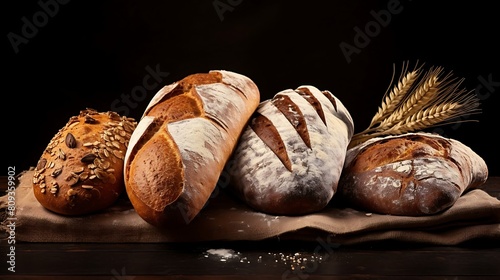 Bread assortment on rustic wooden background. Fresh baked bread.