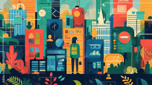 Circular Economy : A stylized illustration featuring a person standing in front of a colorful and abstract cityscape filled with various geometric shapes and whimsical architectural elements.