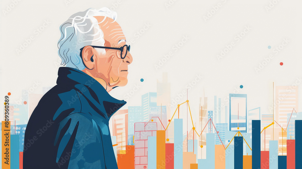 Silver Economy : Illustration of an elderly gentleman gazing at a colorful cityscape background, depicting urban development and progress with a blend of modern and abstract elements. Silver Economy : Illustration of an elderly gentleman gazing at a colorful cityscape background, depicting urban development and progress with a blend of modern and abstract elements.