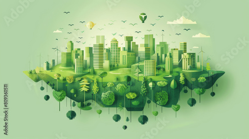 Green Economy : Illustration of a floating green cityscape with buildings, trees, and parks, featuring a sustainable and eco-friendly urban concept with birds and a hot air balloon.
