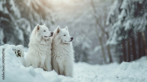 Samoyed canines at the snowy park photo