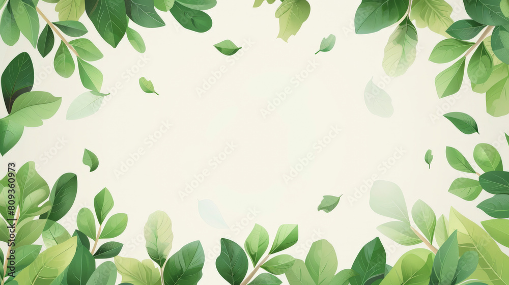 The image depicts a serene, nature-inspired background with green leaves bordering the top and bottom, leaving ample white space in the center for text or design elements.