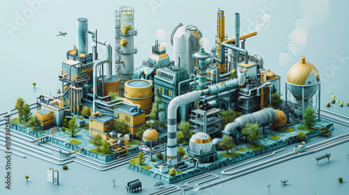 Intelligent Economy : Illustration of a modern industrial complex with various tanks, structures, and pipelines, in a blue and yellow color scheme, suggesting a detailed, organized facility. © Na-No Photos