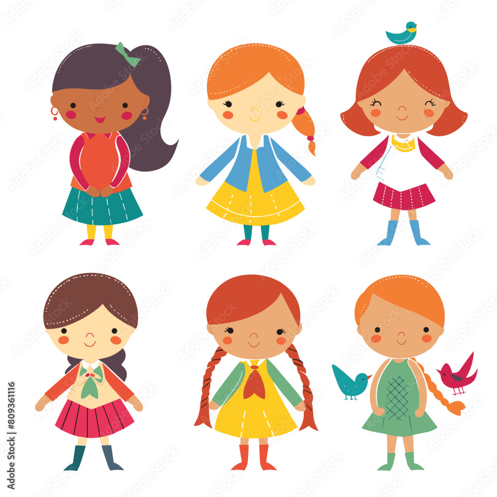 Six cartoon girls, diverse, cute, smiling, children, colorful dresses, birds. Playful, cheerful young characters, friendly isolated white background kids illustration Different ethnicities Six cartoon girls, diverse, cute, smiling, children, colorful dresses, birds. Playful, cheerful young characters, friendly isolated white background kids illustration Different ethnicities