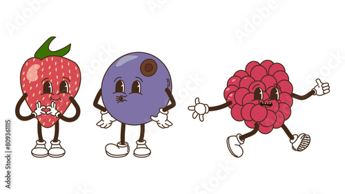 Fruits and berries in groovy style set. Strawberries blueberries and raspberries. Characters trendy retro, comic mascot. Design banner poster. Y2k Hippie 70s, 80s. Vector illustration.