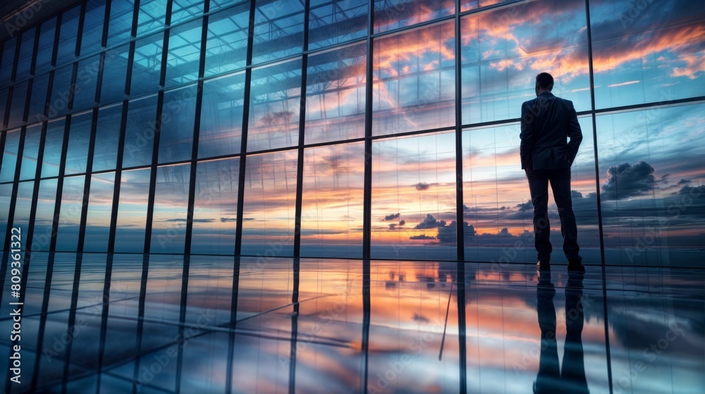 Businessman standing in front of a window and looking at the sunset Businessman standing in front of a window and looking at the sunset