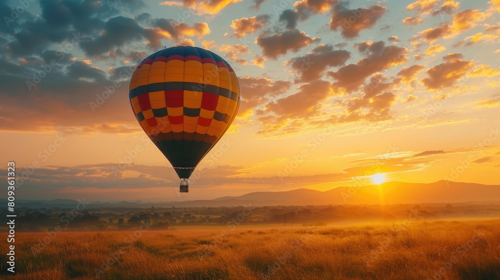 Outdoor photo of hot air balloon golden hour AI generated