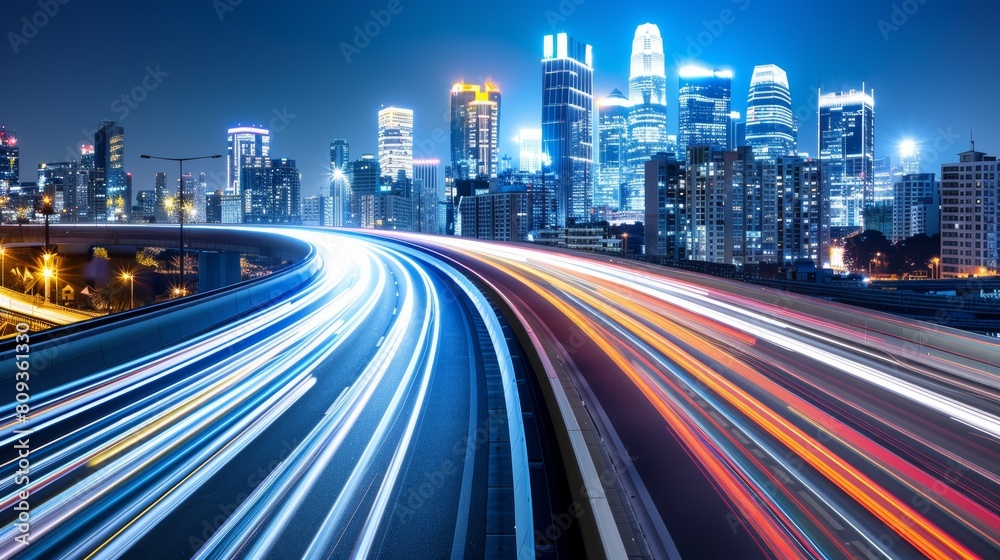 A bustling city at night showcasing a vibrant display of lights with traffic streaks on a freeway, illuminated skyscrapers and a modern urban landscape