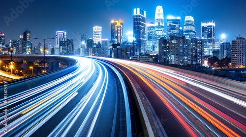 A bustling city at night showcasing a vibrant display of lights with traffic streaks on a freeway  illuminated skyscrapers and a modern urban landscape