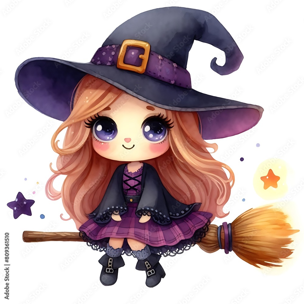 watercolor cute witch with a broom, vector illustration