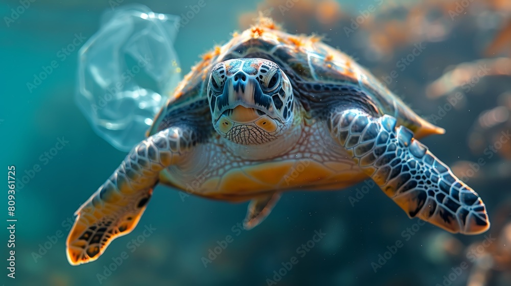 Fototapeta premium Sea turtle encounters plastic pollution