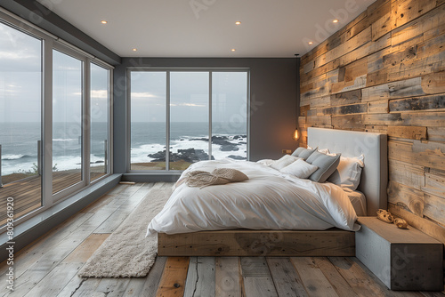 Spacious modern coastal bedroom with minimalistic design, featuring natural materials and a soft, muted color palette, highlighted by late morning sunlight.