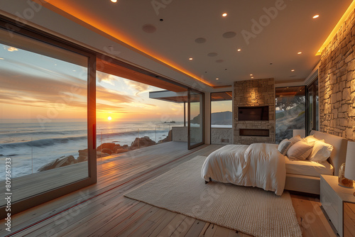 Spacious modern coastal bedroom with minimalistic design, featuring natural materials and a soft, muted color palette, highlighted by late morning sunlight.