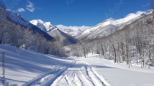 A breathtaking panoramic view of a snowy mountain landscape with clear blue skies and pristine ski tracks, invoking the serene beauty of winter
