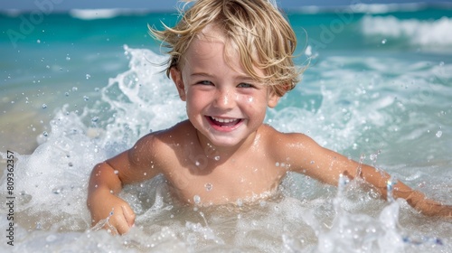 A young boy with blonde hair playfully splashes in the crystal-clear waters of a tropical beach, his joy and laughter reflecting the essence of summer
