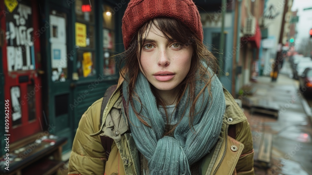 A young woman wearing a red beanie and a scarf stands on a city street, with neon signs and blurred pedestrians in the background, capturing a candid urban moment A young woman wearing a red beanie and a scarf stands on a city street, with neon signs and blurred pedestrians in the background, capturing a candid urban moment
