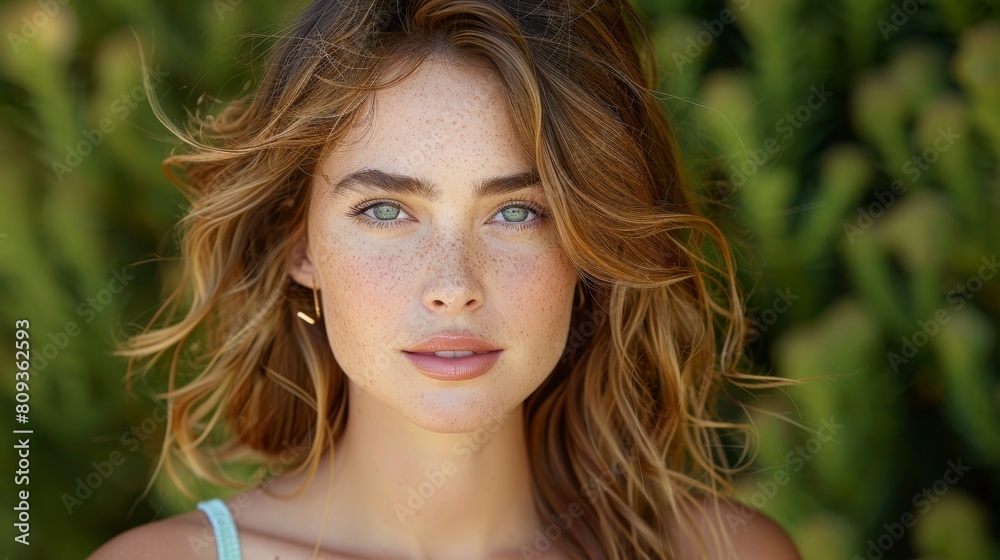 A stunning portrait of a young woman with green eyes and freckles, framed by luscious greenery and embodying a fresh, natural look A stunning portrait of a young woman with green eyes and freckles, framed by luscious greenery and embodying a fresh, natural look