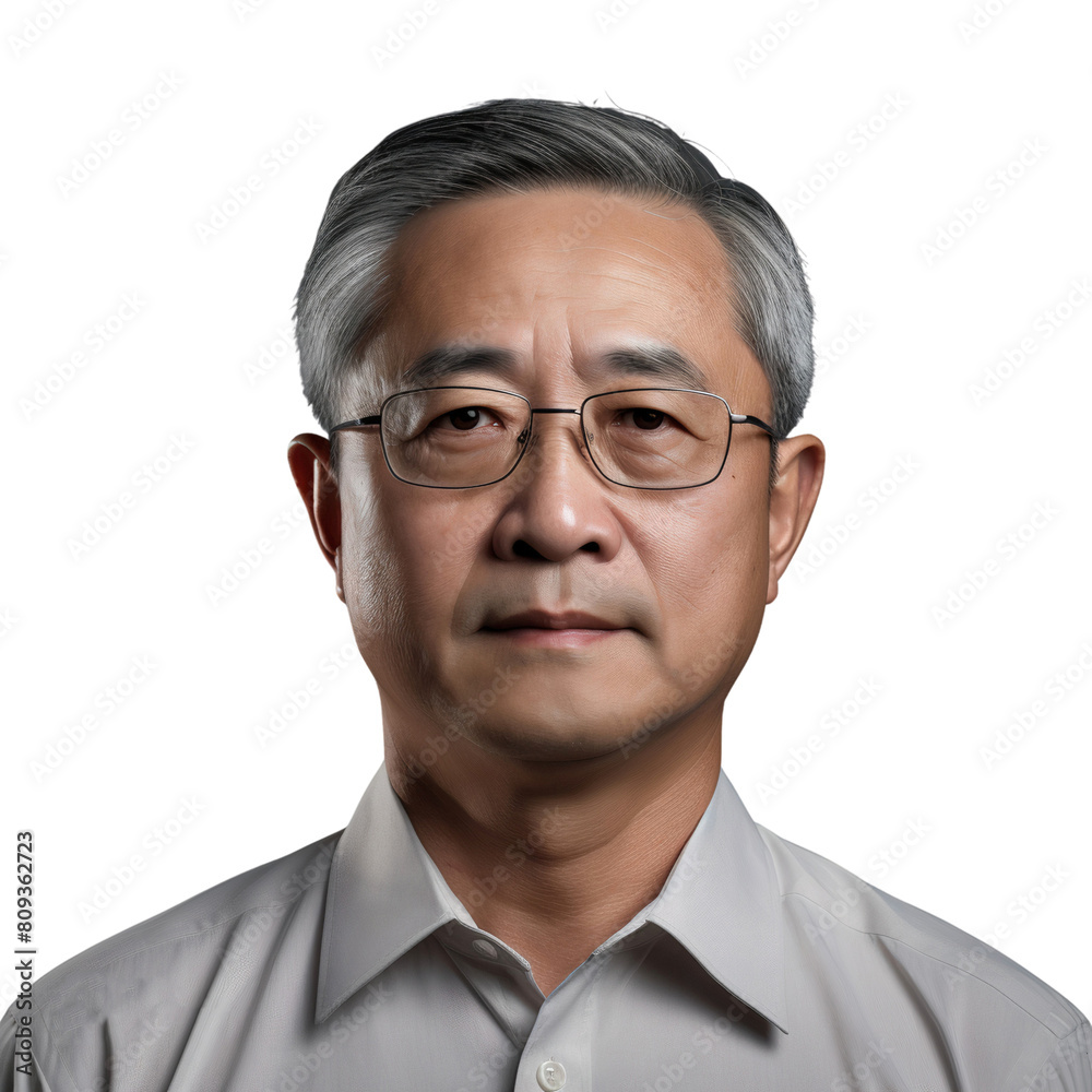 Close-up portrait of senior Asian retired man wearing glasses, isolated on transparent background