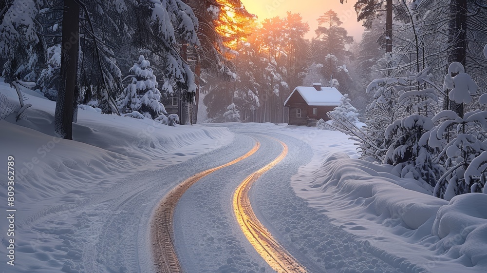 Scenic view of a snowy landscape with a wooden cabin, glistening road tracks, and a fiery sunset peeping through dense, snow-covered pines