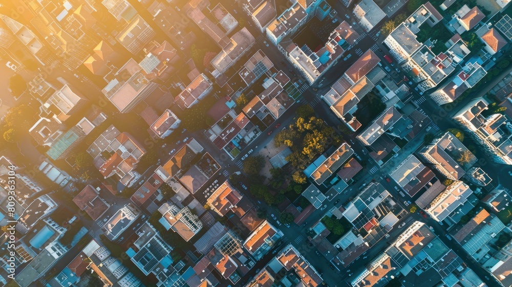 Aerial view of dense residential area during golden hour Aerial view of dense residential area during golden hour