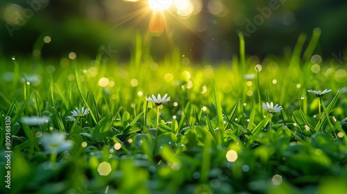 A vibrant close-up image of small white flowers and lush green grass illuminated by sunlight filtering through the leaves on a bright day  showcasing natural beauty and tranquility