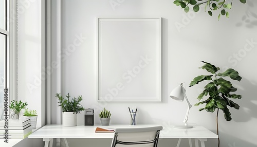 white frame mockup in a serene  well-lit office space. Keep the design minimal and clean with a tidy table