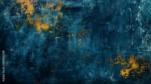 Modern artwork, rough brushstrokes, painting on canvas. Acrylic art, artistic texture. Abstract grungy background, hand painted cover, backdrop, dark blue with yellow accents