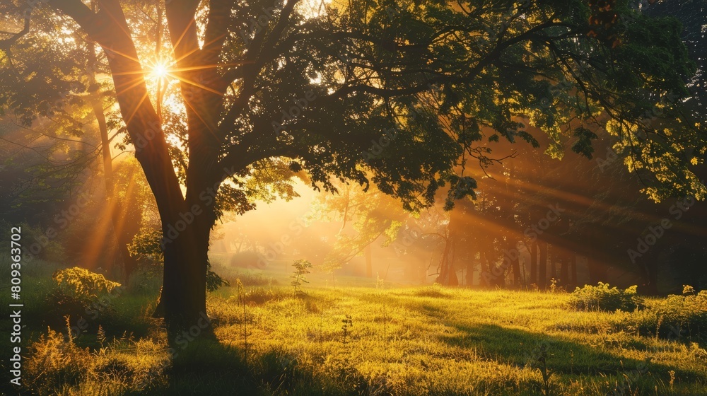 Morning sunlight beams through lush trees in a serene park, casting golden hues over a dew-kissed meadow with vibrant green foliage