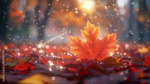 A vivid autumn scene showcasing a radiant orange maple leaf with glistening dewdrops  surrounded by a carpet of multicolored leaves under a gentle sunlight