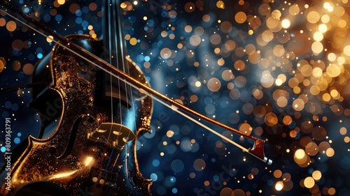 Close-up of violin and bow with sparkling bokeh lights in background photo