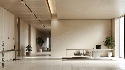 Beige open space office interior with blank wall realistic