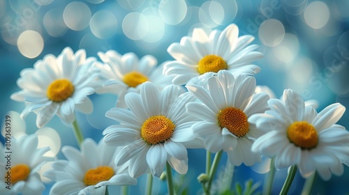 A serene view of vibrant white daisies with golden centers flourishing against a soft-focus blue background  depicting nature s beauty in stunning detail