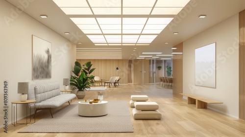 Beige open space office interior with poster realistic