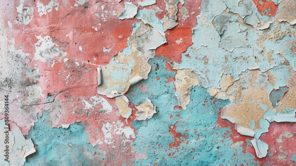 Peeling multicolored paint on weathered wall