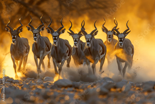 Dynamic scene of antelopes running for survival at sunset in the African savanna, muscles rippling, under a dramatically colorful sky 