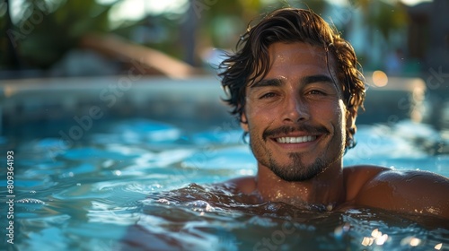 Happy man enjoying evening swim in pool