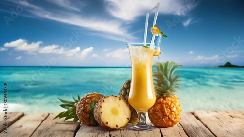 Refreshing pineapple cocktail served in a stemmed glass on a rustic wooden table, set against a serene tropical ocean background with puffy clouds.  photo