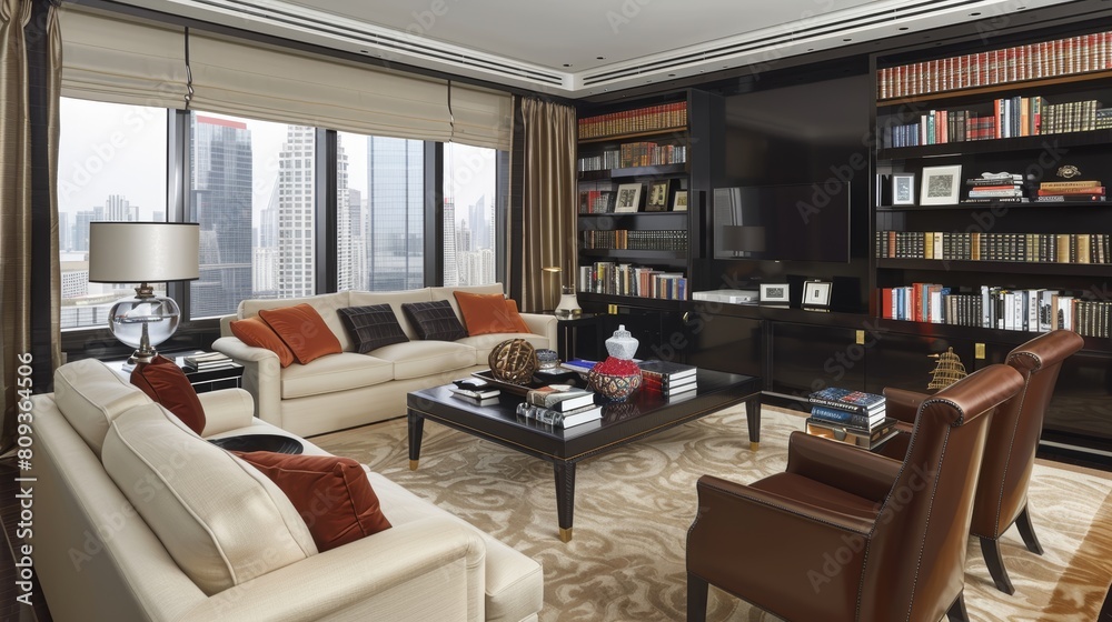 A luxurious living room with modern furniture, expansive windows, and a densely packed bookshelf in a high-rise urban apartment A luxurious living room with modern furniture, expansive windows, and a densely packed bookshelf in a high-rise urban apartment