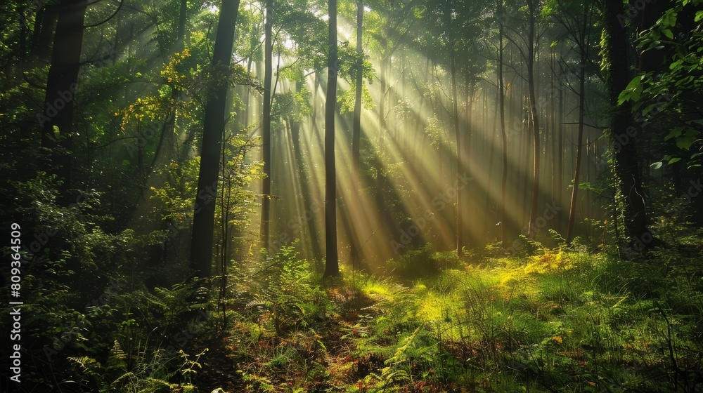 Fototapeta premium Morning light streams beautifully through the dense foliage of a serene forest, creating a tranquil and picturesque scene