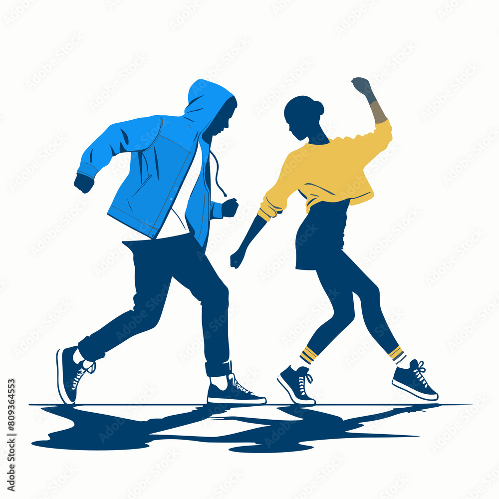Obraz premium Silhouette of two teens dancing street dance. Illustration in blue and yellow flat colors.