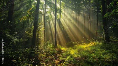 Morning light streams beautifully through the dense foliage of a serene forest  creating a tranquil and picturesque scene