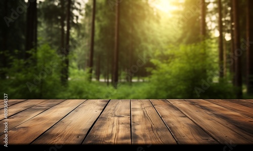 Wooden table top on nature background. Mock up for display of product
