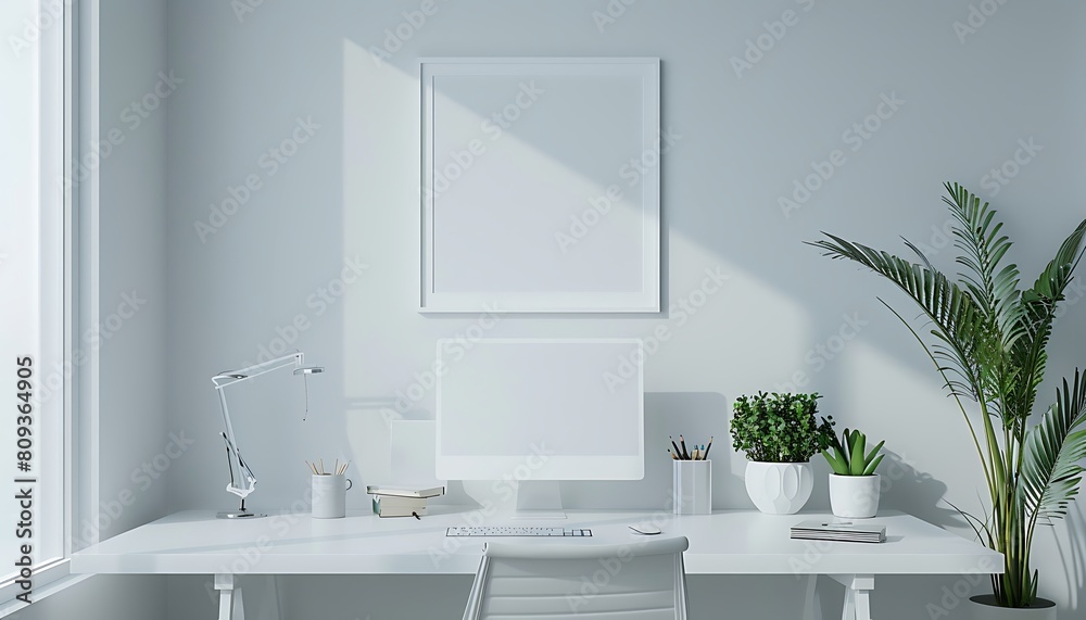 Fototapeta premium white frame mockup in a serene, well-lit office space. Ensure neatness and clean lines for a minimalist look