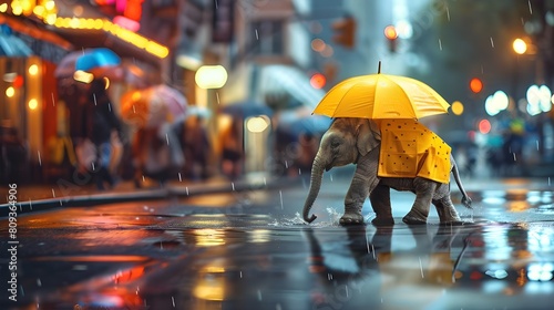 Creative animal concept. Cute lonely wet baby elephant walking in rain, funny adorable wildanimal in raincoat unbrella, night cityscape background, commercial editorial advertisement surreal wallpaper